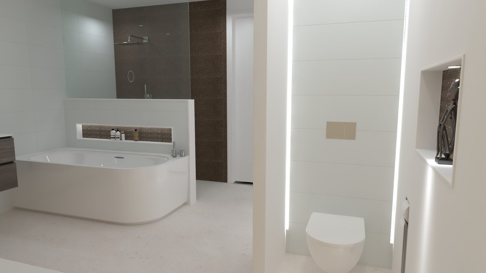 3D-ontwerp van een lichte badkamer met ingebouwd bad, douche achter een halfhoge muur en een hangtoilet tussen ledstrips